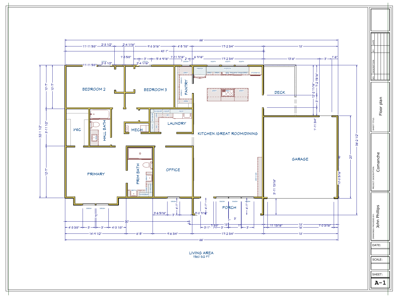 Commanche floor plan showing three bedrooms, an office, open kitchen and living area, garage, porch and deck